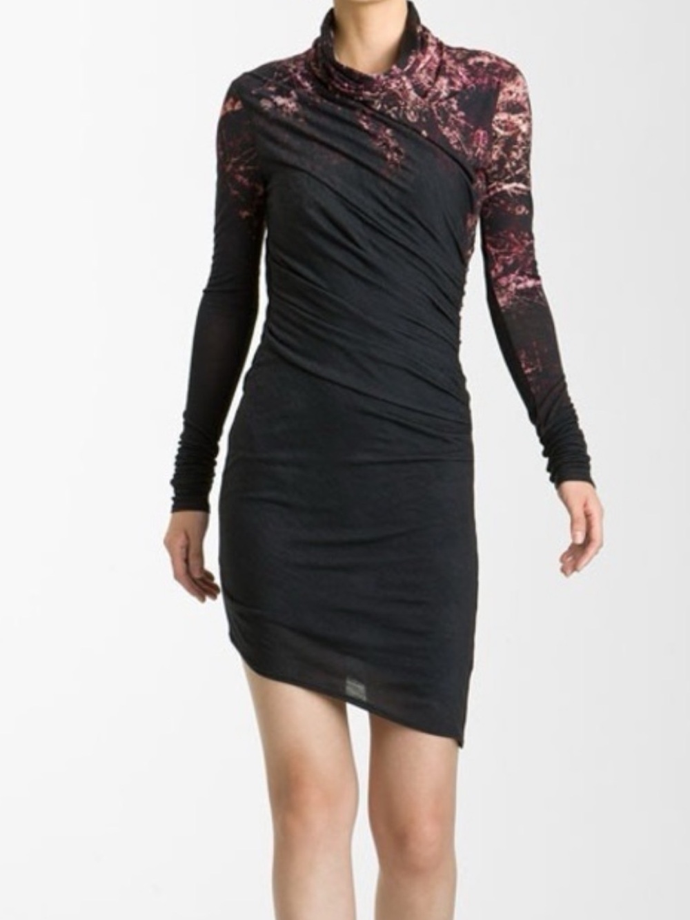Helmut Lang Black Pink Print Ruched Wool Cowl Neck Dress Size P